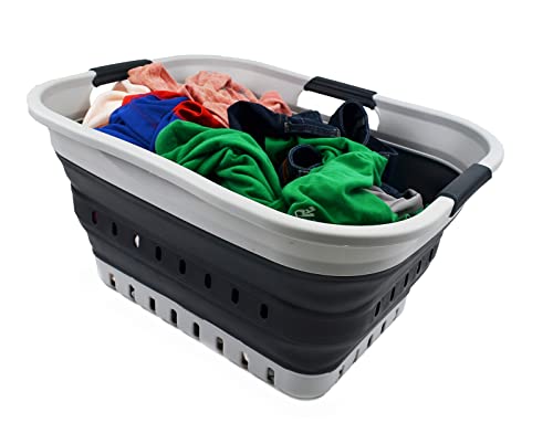 SAMMART Wäschekorb aus Kunststoff, zusammenklappbar, 30 l, mit 3 Griffen, faltbar, Aufbewahrungsbehälter, Organizer, tragbare Waschwanne, platzsparender Korb
