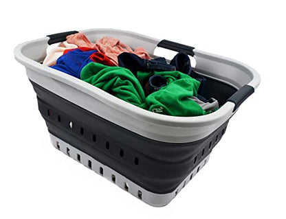 SAMMART Wäschekorb aus Kunststoff, zusammenklappbar, 30 l, mit 3 Griffen, faltbar, Aufbewahrungsbehälter, Organizer, tragbare Waschwanne, platzsparender Korb