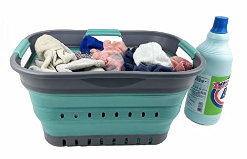 SAMMART Faltbarer Super Mini-Wäschekorb aus Kunststoff, mit 3 Griffen, 19 l, faltbar, Pop-Up-Aufbewahrungsbehälter/Organizer, platzsparender Wäschekorb (Grau/Türkisblau)