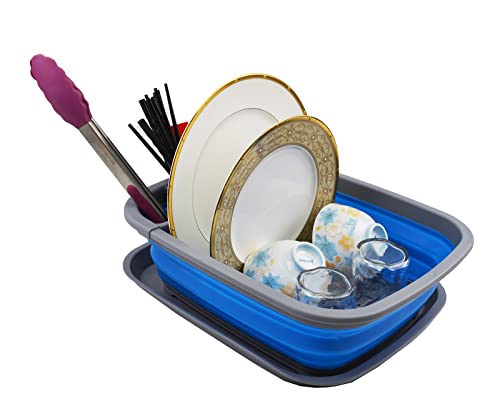 SAMMART 8L Zusammenklappbarer Plastik Geschirrabtropfer mit Abtropfbrett – Faltbares Wäscheständer-Set – Tragbarer Geschirr-Organizer – Platzsparende Küchenablage