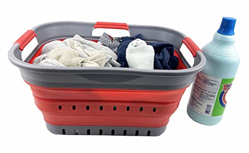 SAMMART Faltbarer Super Mini-Wäschekorb aus Kunststoff, mit 3 Griffen, 19 l, faltbar, Pop-Up-Aufbewahrungsbehälter/Organizer, platzsparender Wäschekorb (Grau/Rot)