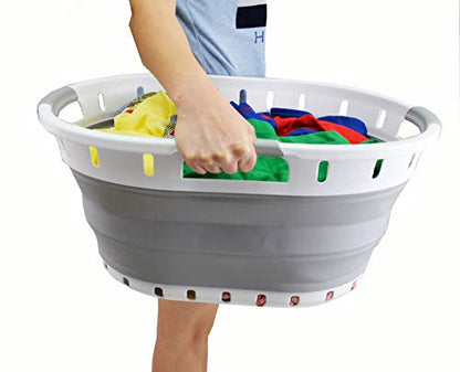 SAMMART Collapsible 3-Griff-Kunststoff-Wäschekorb - Ovale Wanne/Korb - Faltbarer Aufbewahrungsbehälter/Organizer - Tragbare Waschwanne - Platzsparender Wäschekorb