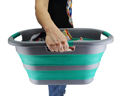 SAMMART Wäschekorb, faltbar, Kunststoff, 30 l, faltbar, Pop-Up-Aufbewahrungsbehälter/Organizer – tragbare Waschwanne – platzsparender Wäschekorb (Dunkelgrau/Blaugrün)