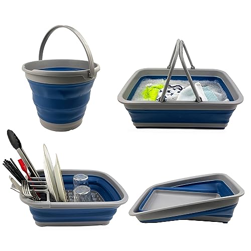 SAMMART Combo Zusammenklappbares Spülset, Eimer, Abtropfgestell, Geschirrwanne und Wäschekorb mit Griff – platzsparend, Camping-Set