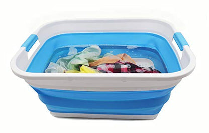 SAMMART 41L zusammenklappbarer Kunststoff-Wäschekorb – faltbarer Pop-Up-Aufbewahrungsbehälter/Organizer – tragbare Waschwanne – platzsparender Korb/Korb (rechteckig, weiß/marineblau)