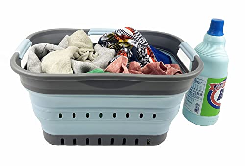 SAMMART Faltbarer Super Mini-Wäschekorb aus Kunststoff, mit 3 Griffen, 19 l, faltbar, Pop-Up-Aufbewahrungsbehälter/Organizer, platzsparender Wäschekorb (Grau/Seeengel)