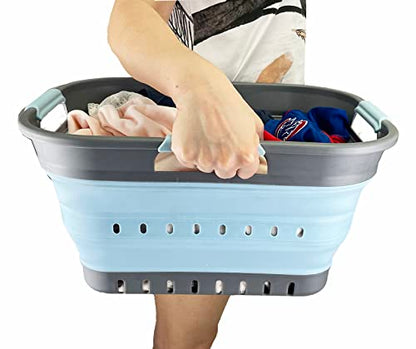 SAMMART Faltbarer Super Mini-Wäschekorb aus Kunststoff, mit 3 Griffen, 19 l, faltbar, Pop-Up-Aufbewahrungsbehälter/Organizer, platzsparender Wäschekorb (Grau/Seeengel)